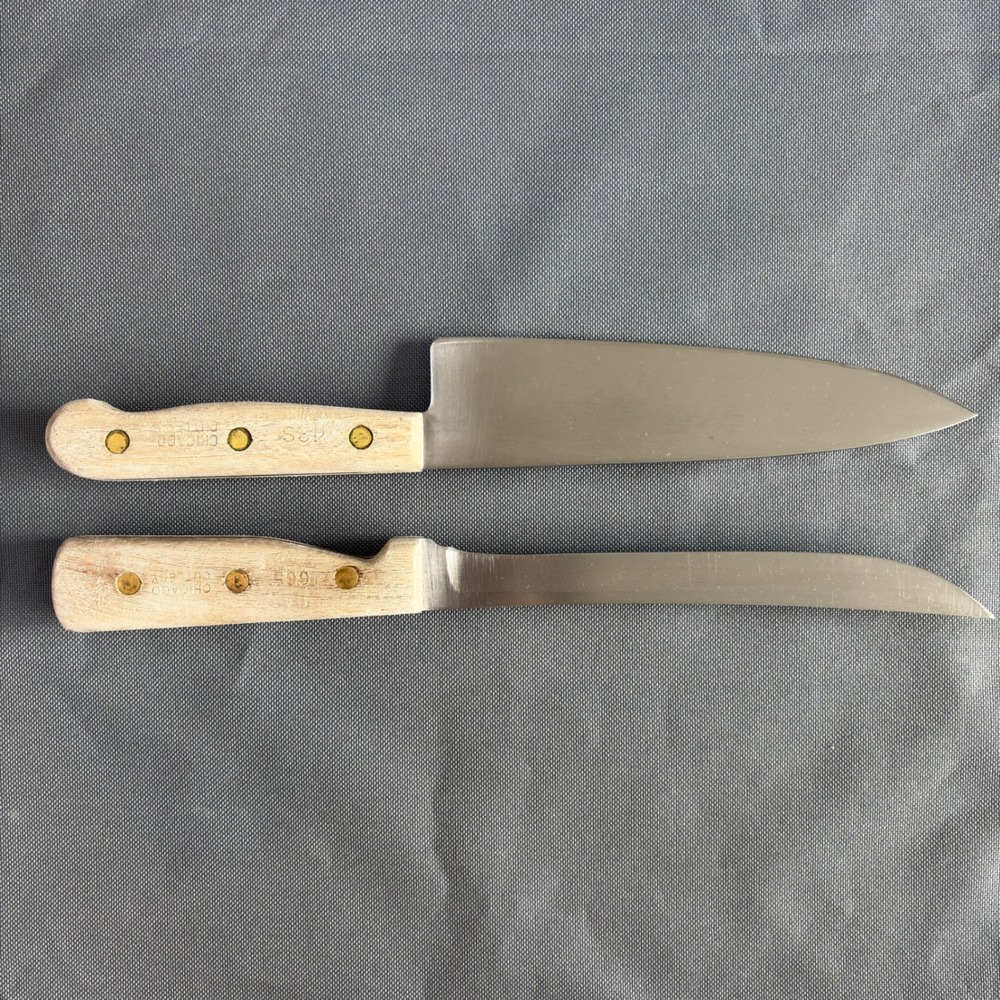 Chicago Cutlery 42S Chef Knife and 66S Utility Knife Set Wood Handle Vintage